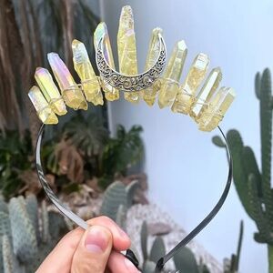 NIP! Genuine Yellow Dyed Quartz Crystal Crowns with Silver Tone Findings & Moon!